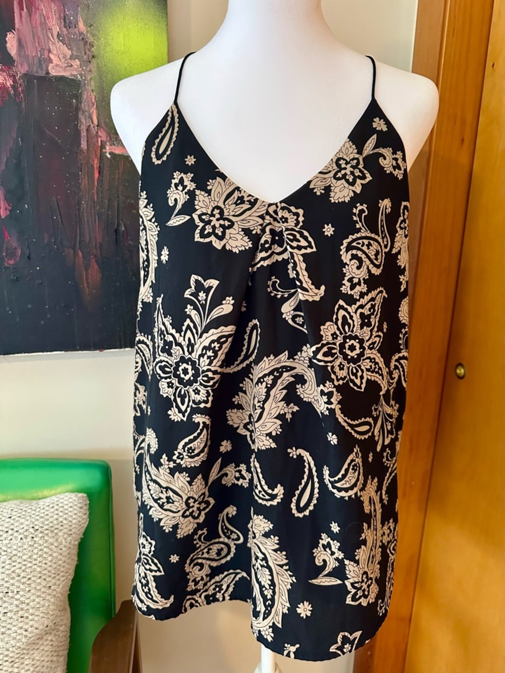 Black Paisley Slip Tank Top with Cream Floral Print
